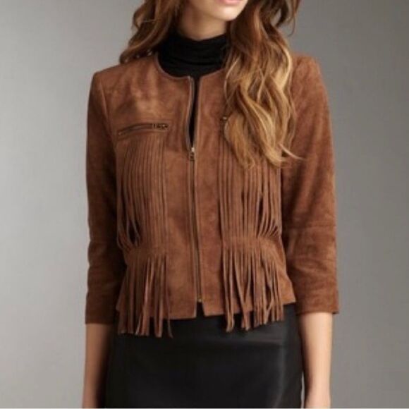 BCBGMaxAzria Women's Brown Western Reiss Suede Fringe Jacket - Size XS - Picture 1 of 7